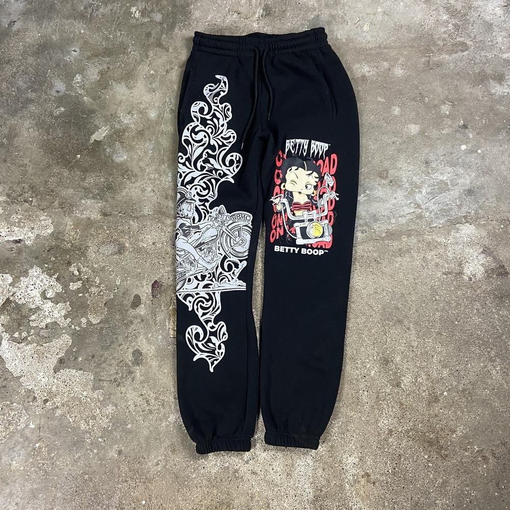 Betty Boop Sweatpants Size Small Black Fleece Joggers On The Road Biker Graphic